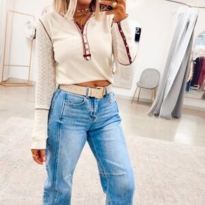 POL Button Cuff Lace Long Sleeve Patch Back Knit Contrast Henley Top Shirt